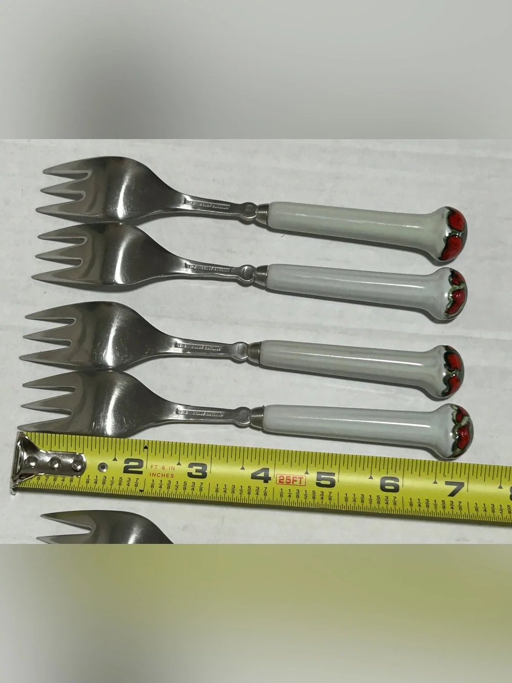White-Handled Dessert Forks with Red Heart Accents - Set of 8